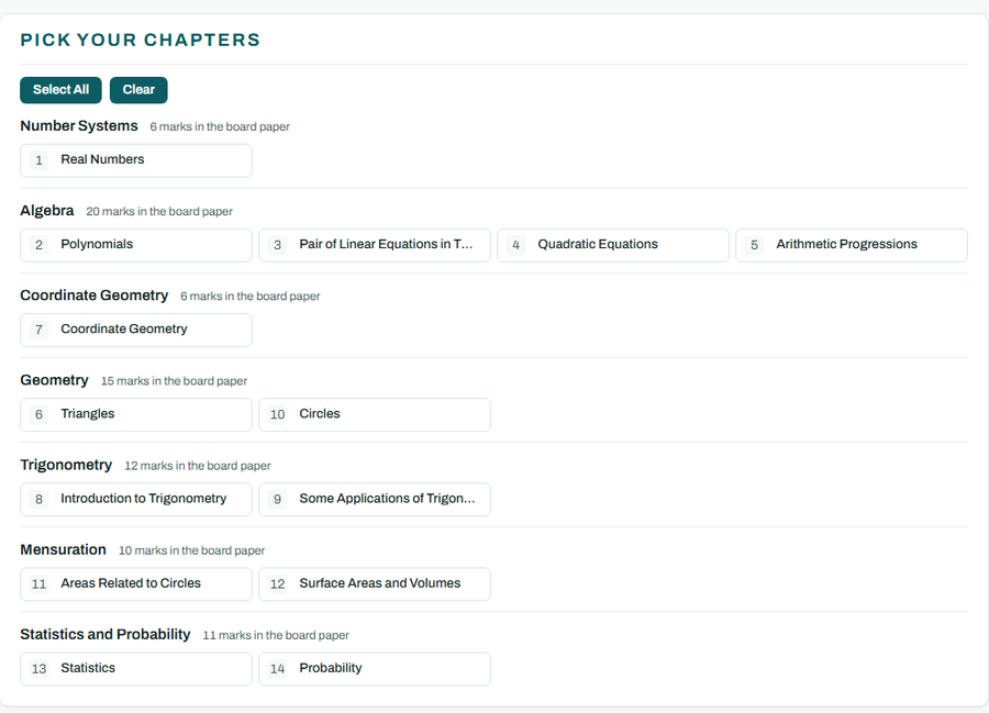 The New Paper screen: the fourteen chapters grouped by unit, each labelled with its marks in the board paper.